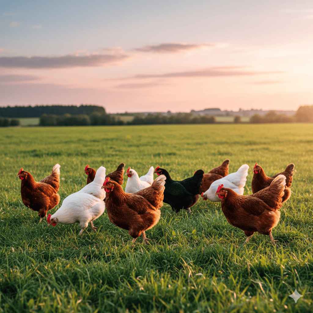 Bandada de gallinas camperas en libertad al atardecer