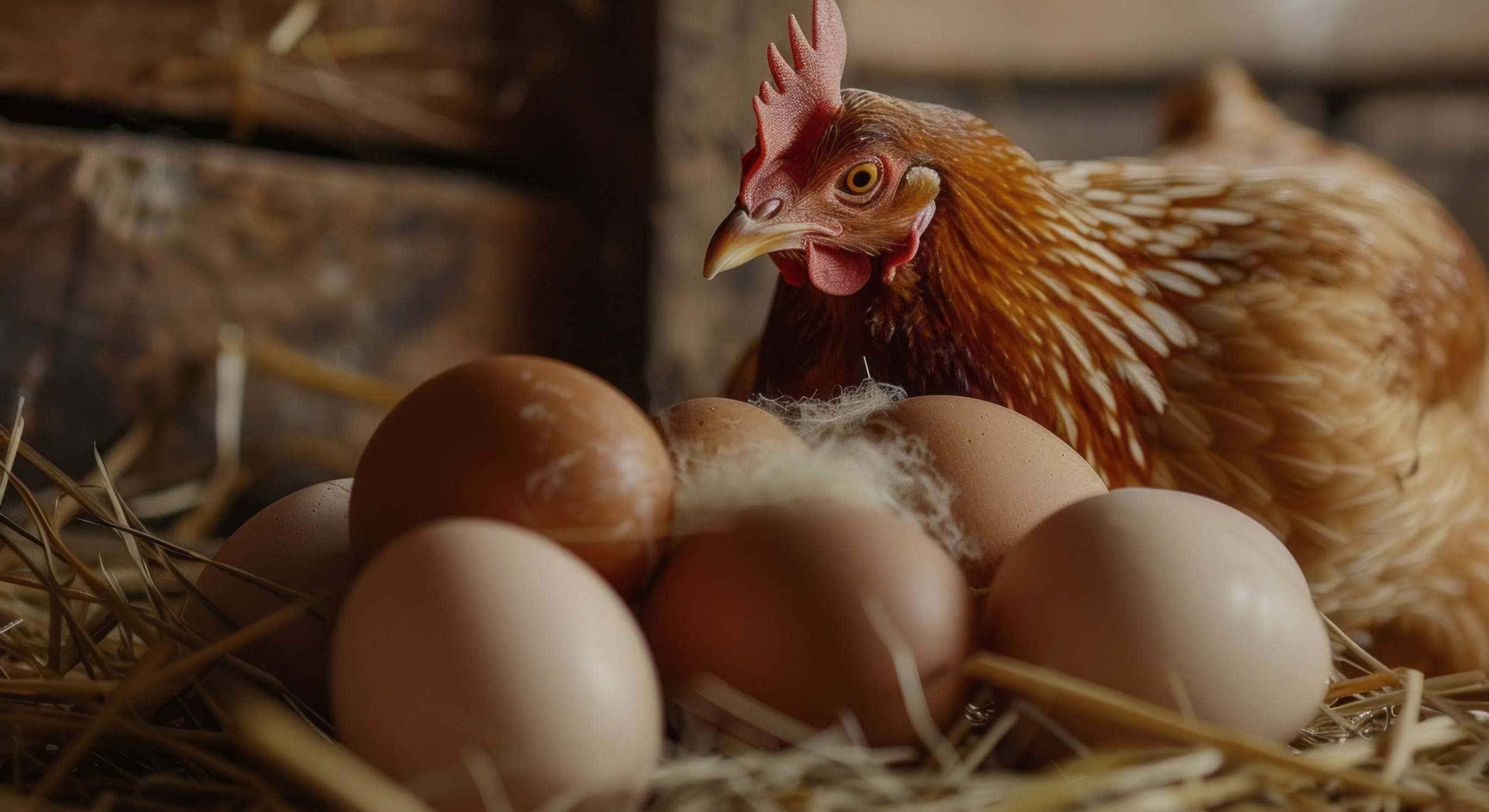 Gallina campera junto a sus huevos en nido de paja